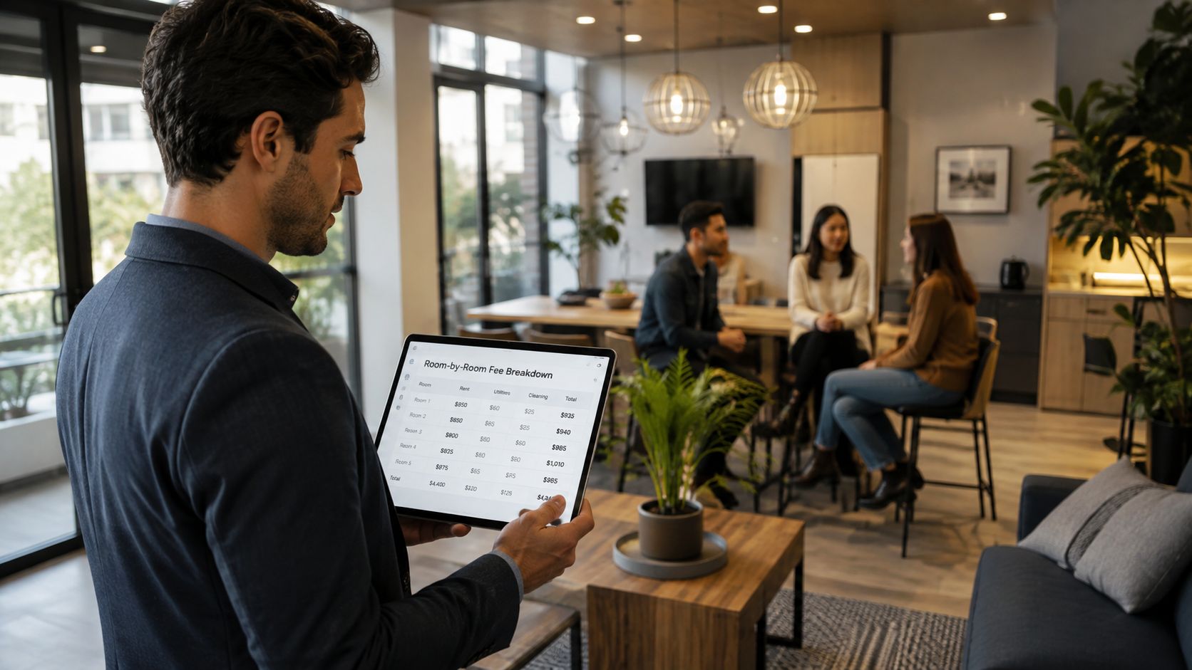 A professional man displays a digital tablet showing a room-by-room fee breakdown to a small office group.