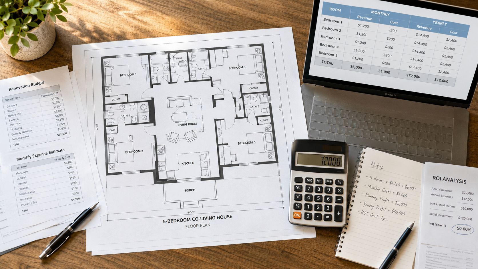 A professional desk workspace featuring blueprints, a laptop showing financial tables, a calculator, and ROI notes.
