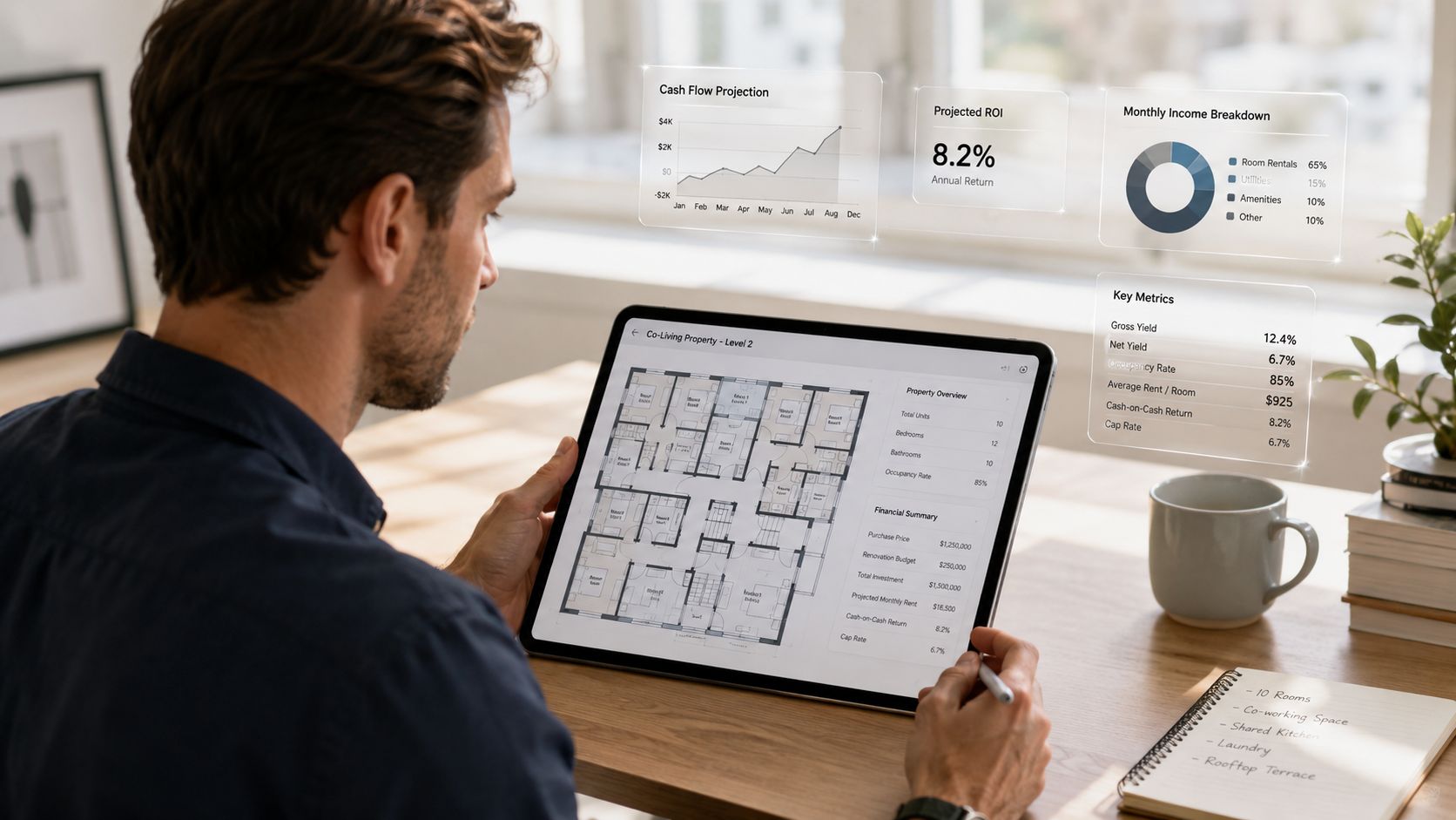 A professional analyzing a co-living property investment project on a digital tablet with financial performance overlays.