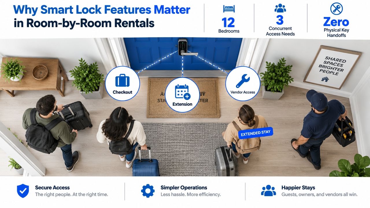 An overhead view of guests and a vendor entering a house with a digital smart lock door.