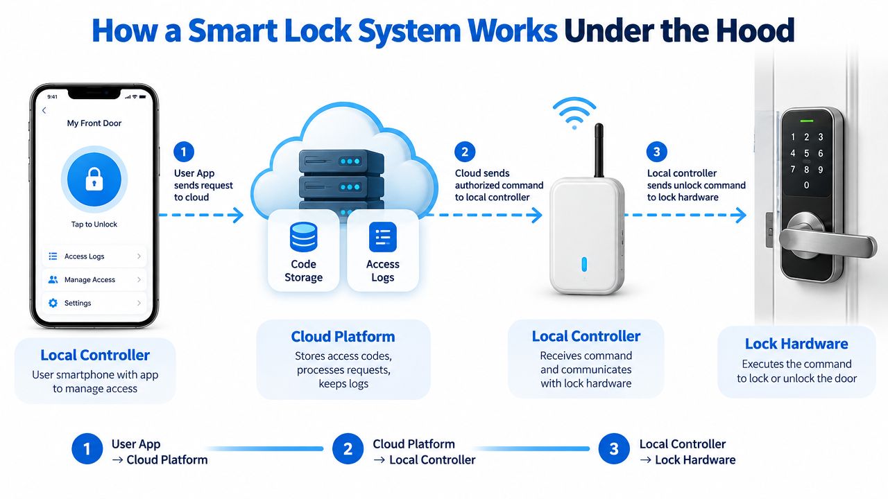 A diagram illustrating how a smart lock system operates via a smartphone app, cloud platform, and local controller.