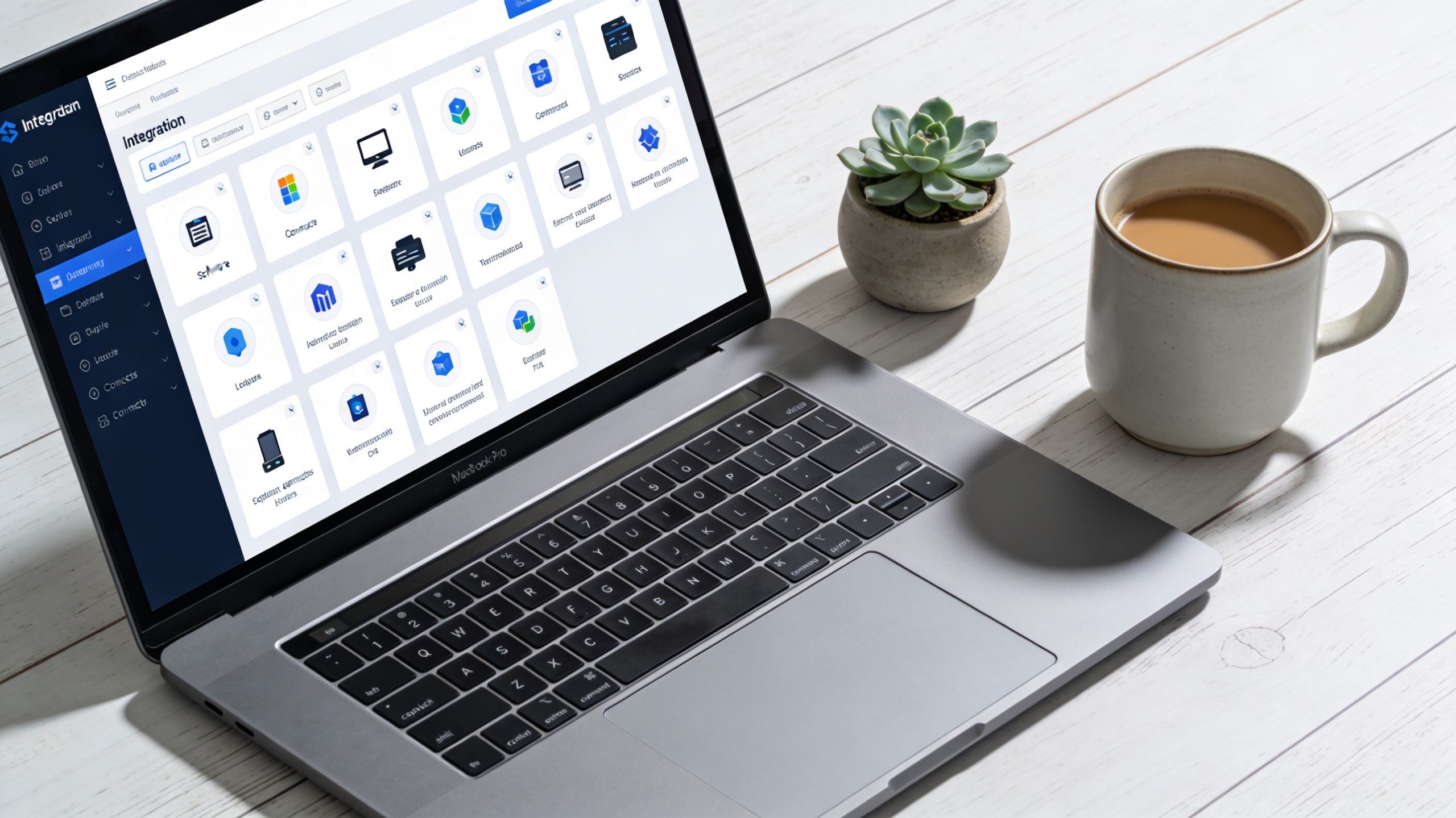 A sleek laptop displays an integration dashboard on a desk next to a succulent and coffee mug.