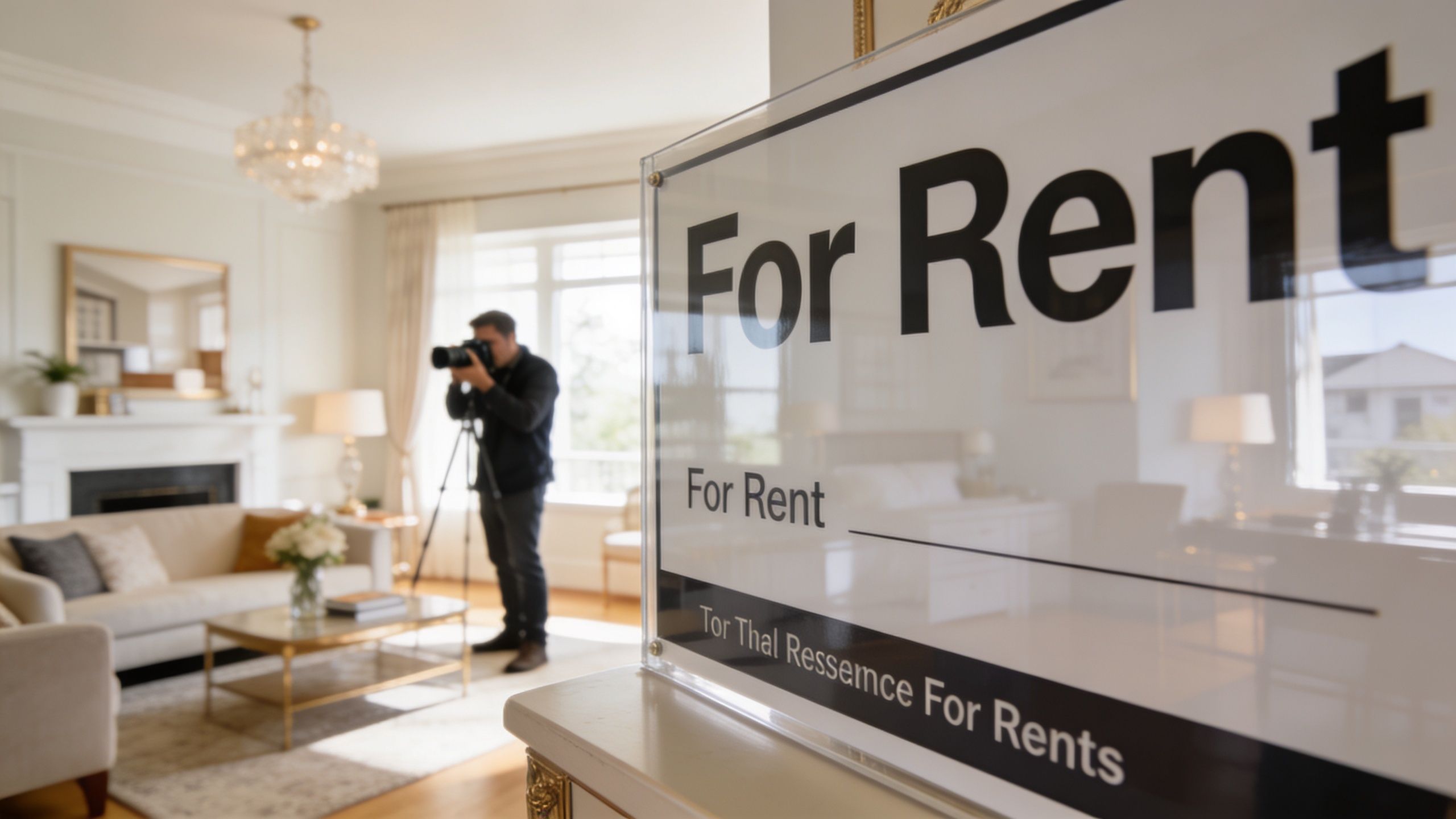 A professional real estate photographer taking pictures of a luxury living room for a rental listing.