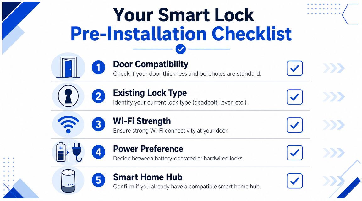 A checklist infographic titled Your Smart Lock Pre-Installation Checklist with five essential steps for homeowners.