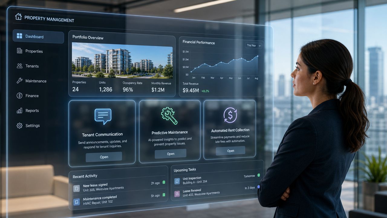 A professional woman viewing a futuristic holographic property management dashboard interface in a bright modern office.