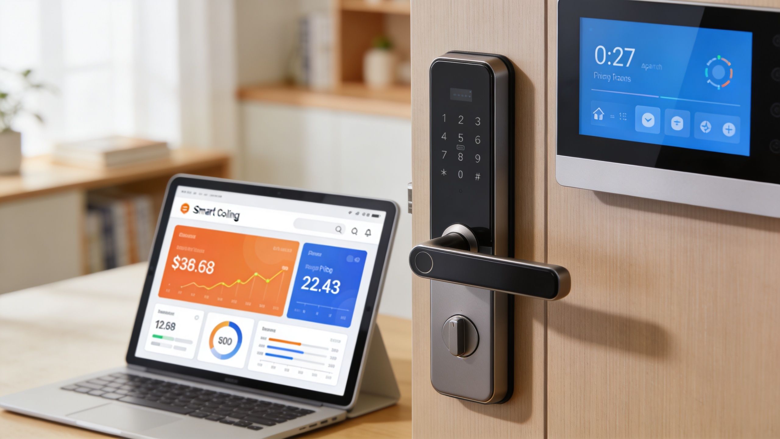 A modern smart home office desk featuring a laptop displaying property management analytics and a digital door lock.