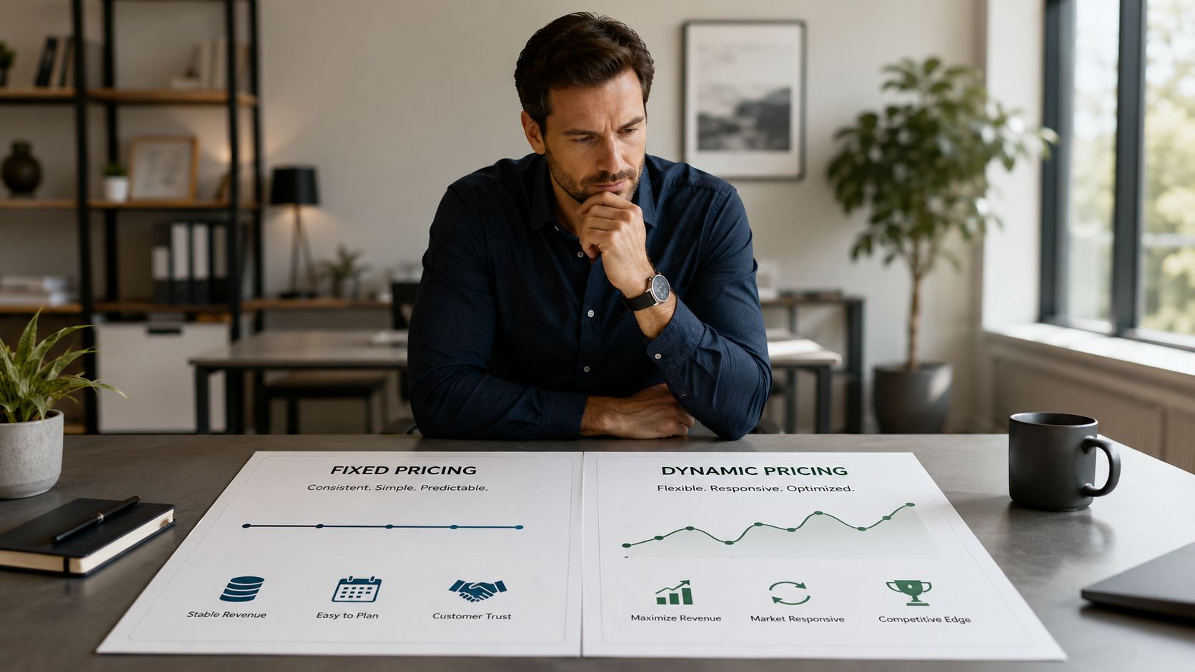 A professional man contemplates between fixed pricing and dynamic pricing strategies shown on papers on his desk.