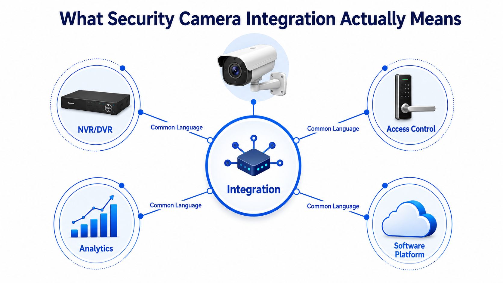 A diagram illustrating how security camera integration connects devices through a common language for centralized control.