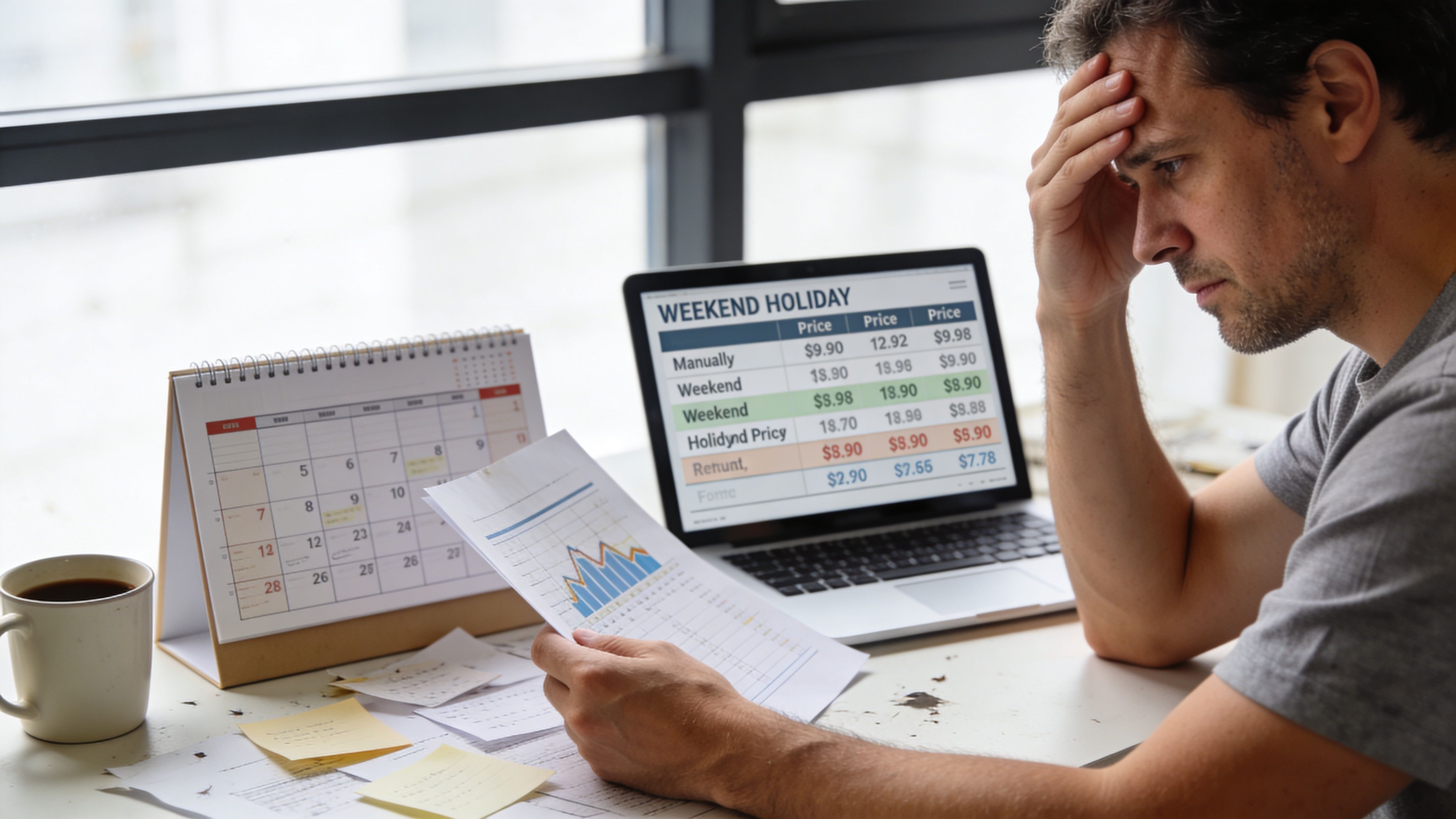 A stressed man looking at financial data and rental pricing on his laptop and paper document.