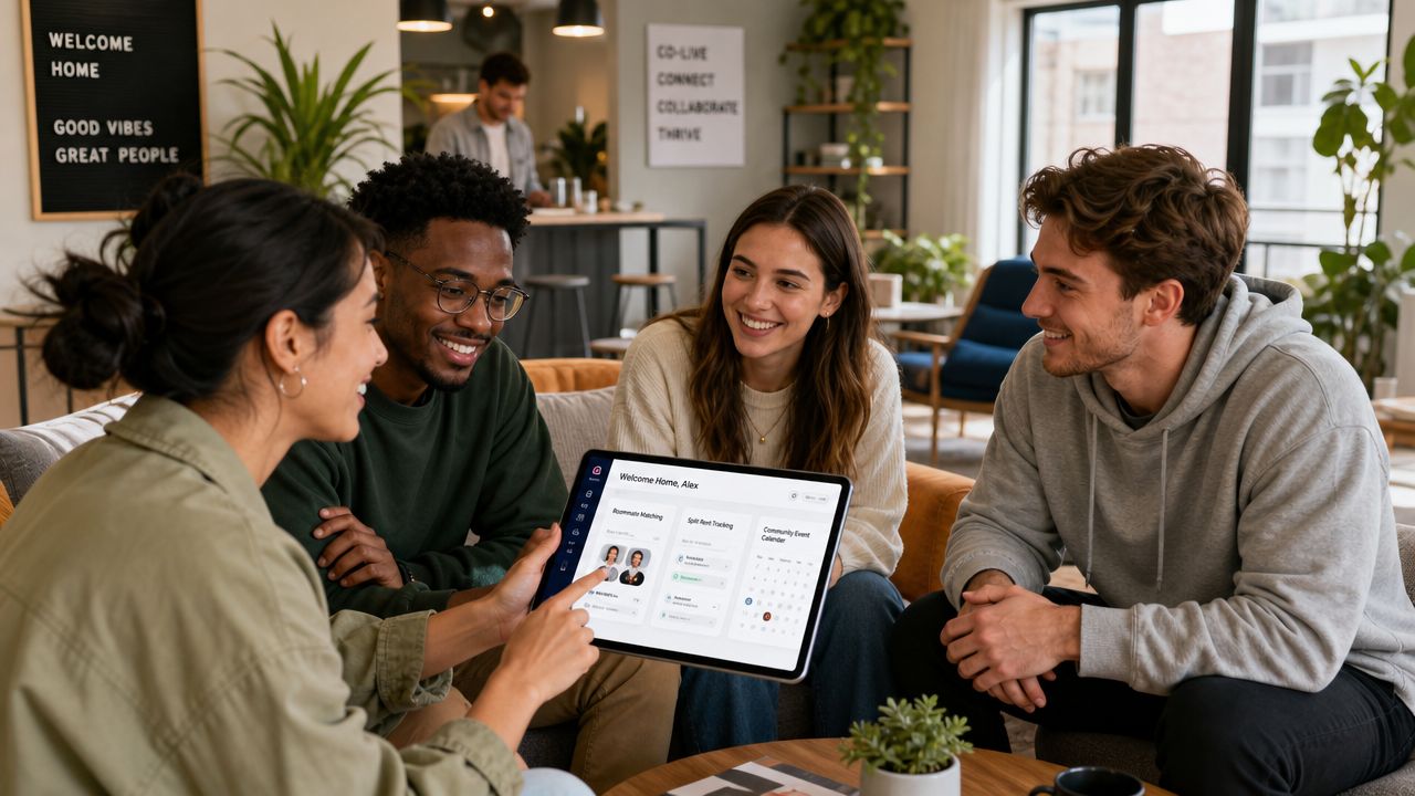 A diverse group of young adults sit together in a modern co-living space discussing property management software.