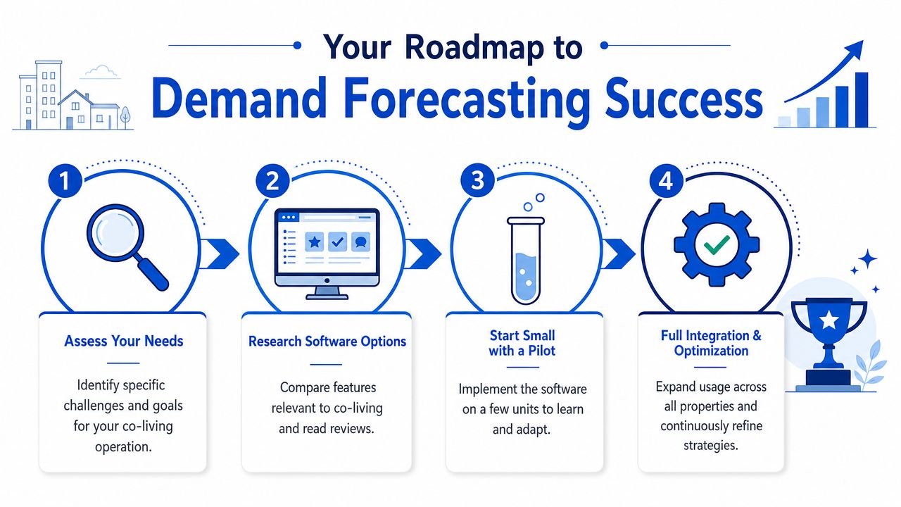 A four-step roadmap graphic illustrating the process for successfully implementing co-living demand forecasting software.