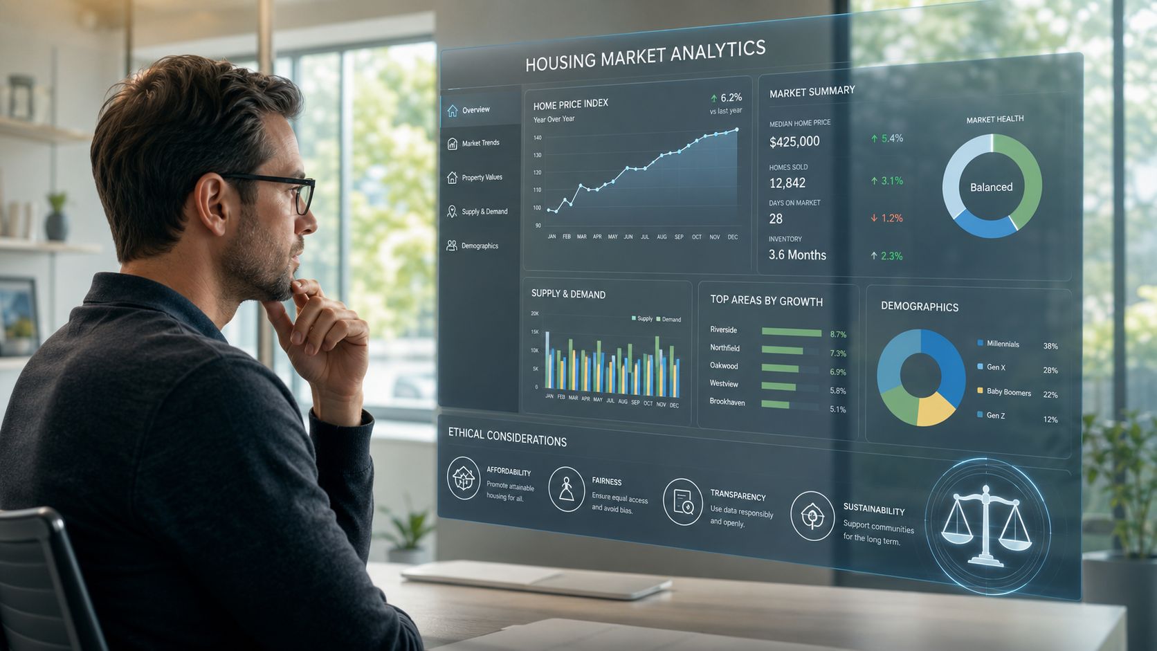 A professional analyzing housing market analytics data on a futuristic holographic digital display screen in office.