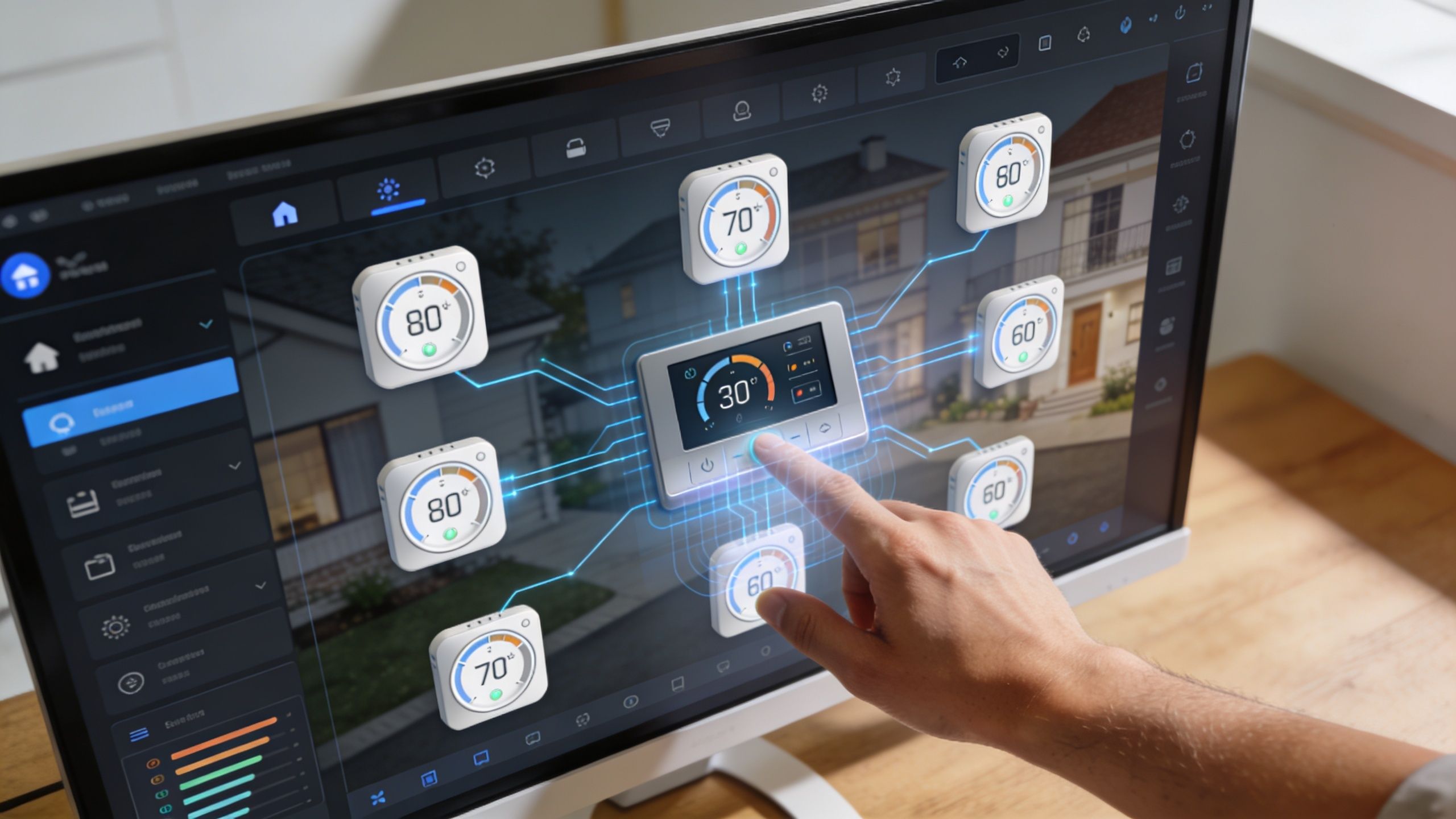 A person using a smart home control interface on a computer screen to manage multiple room temperatures.