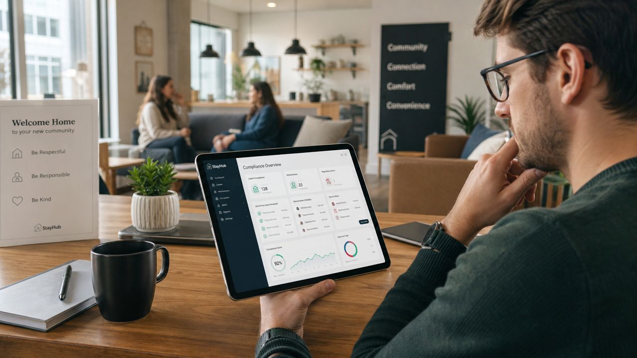 A man in glasses sits at a desk, reviewing compliance tracking software on a tablet in an office.
