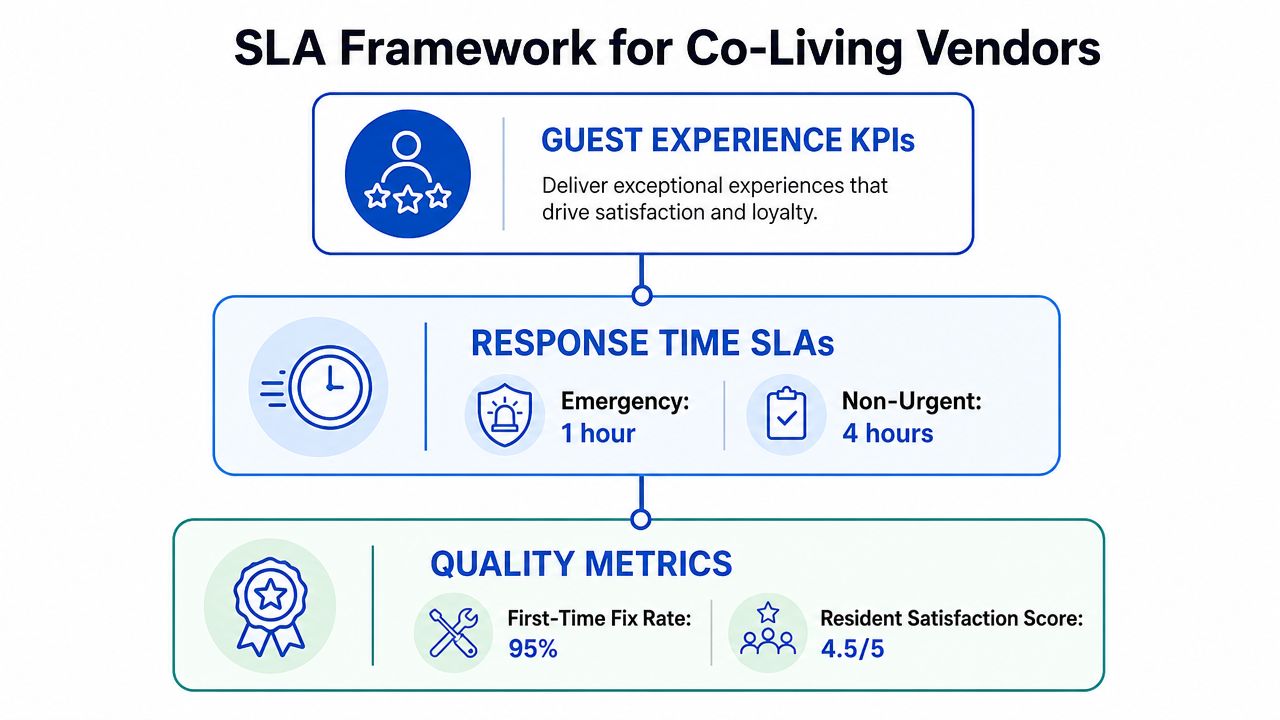 A structured flowchart outlining the SLA framework for co-living vendors, including experience, response times, and quality metrics.