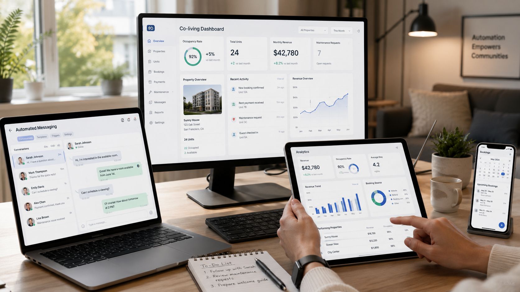 A professional desk setup with multiple screens displaying property management software for rental business analytics.