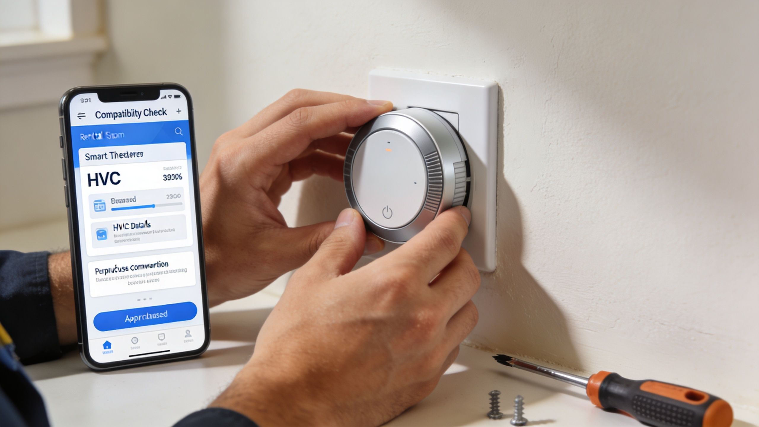 A person installing a smart thermostat on a wall while using a mobile phone app for compatibility check.
