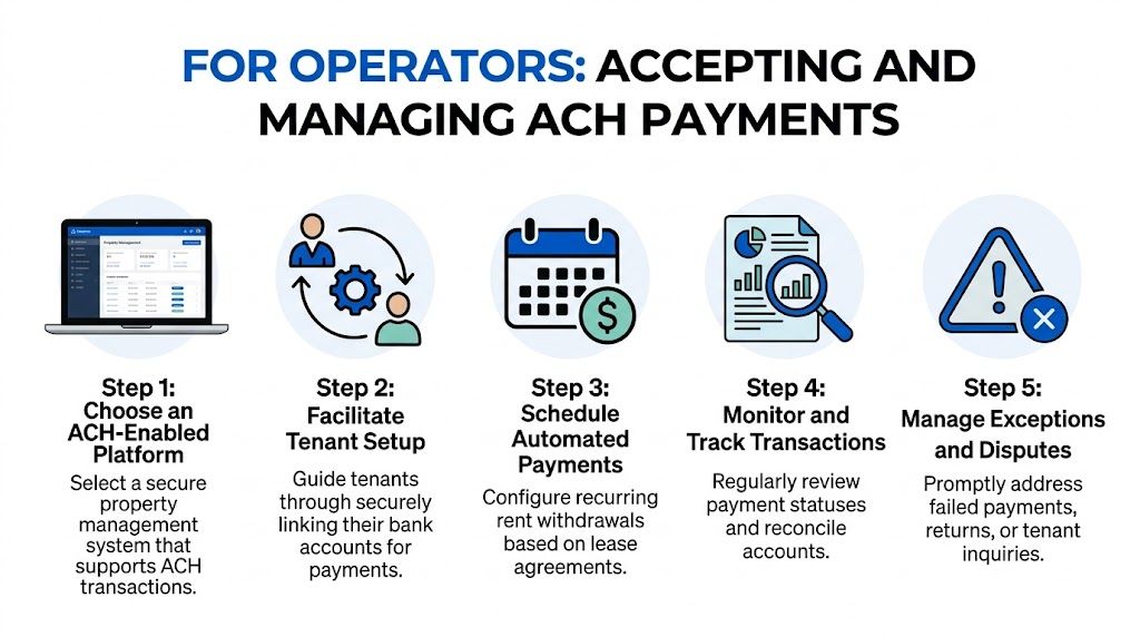 An infographic showing five steps for property operators to accept and manage tenant ACH rent payments.