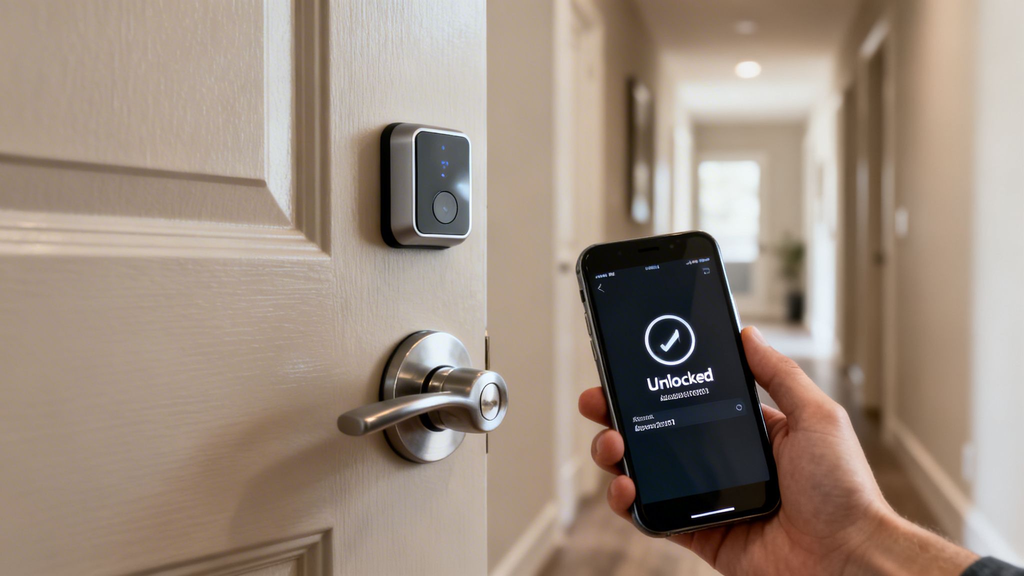 A hand holds a smartphone displaying 'Unlocked' next to a modern smart lock on a white door.