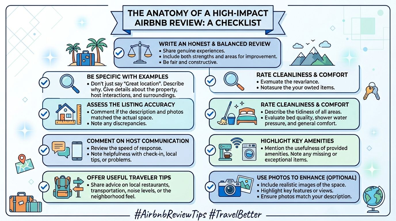 An infographic checklist outlining steps for writing a high-impact and detailed Airbnb review for travelers.