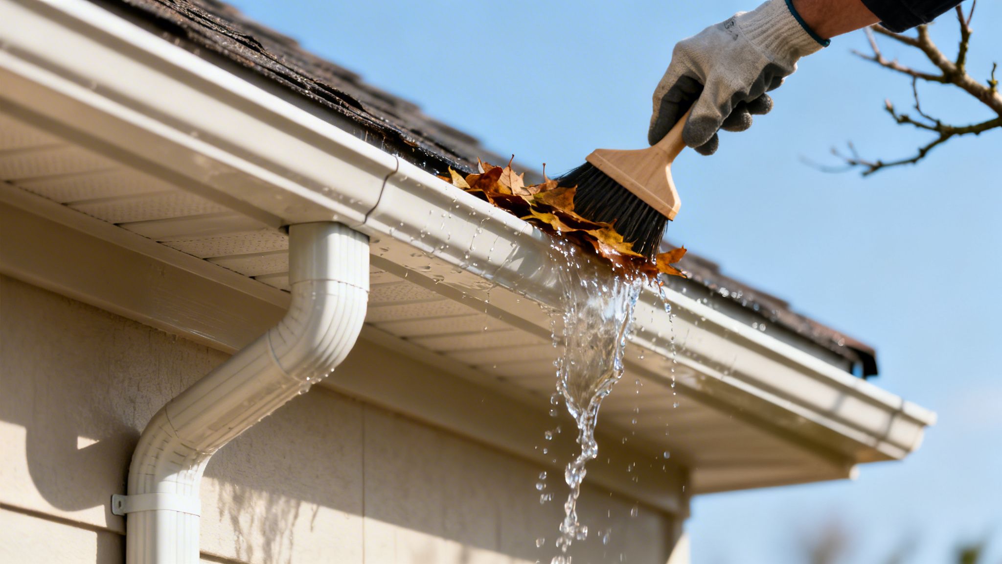A person's gloved hand brushes autumn leaves and overflowing water from a residential roof gutter.
