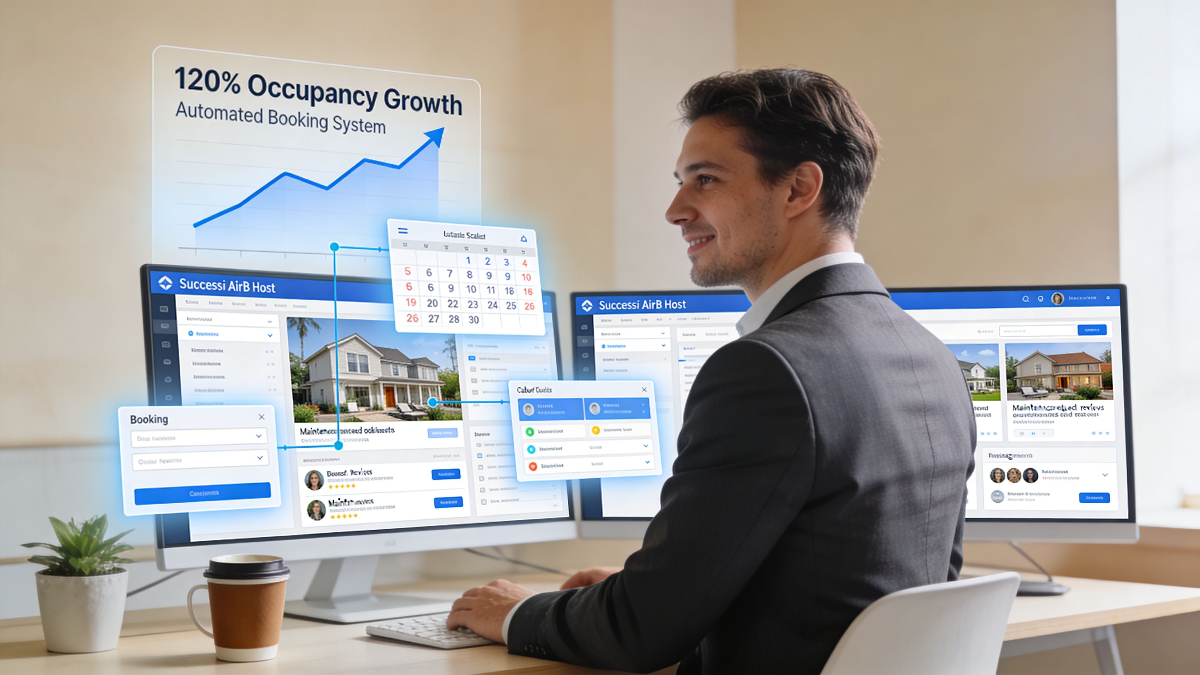A professional man using software to manage vacation rental bookings on multiple computer monitors in his office.