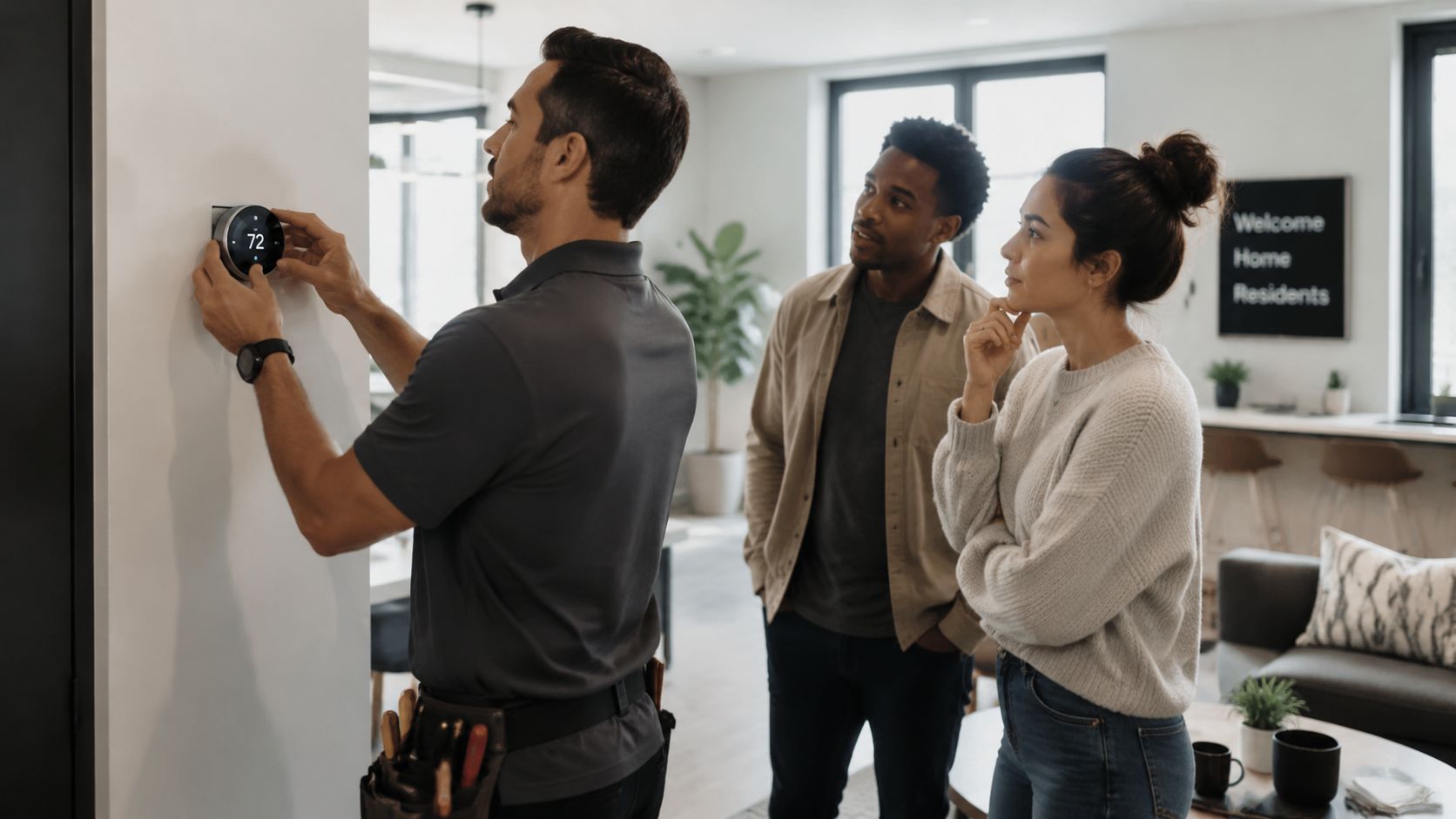 A technician installs a smart thermostat on a wall while a couple observes the process in their home.