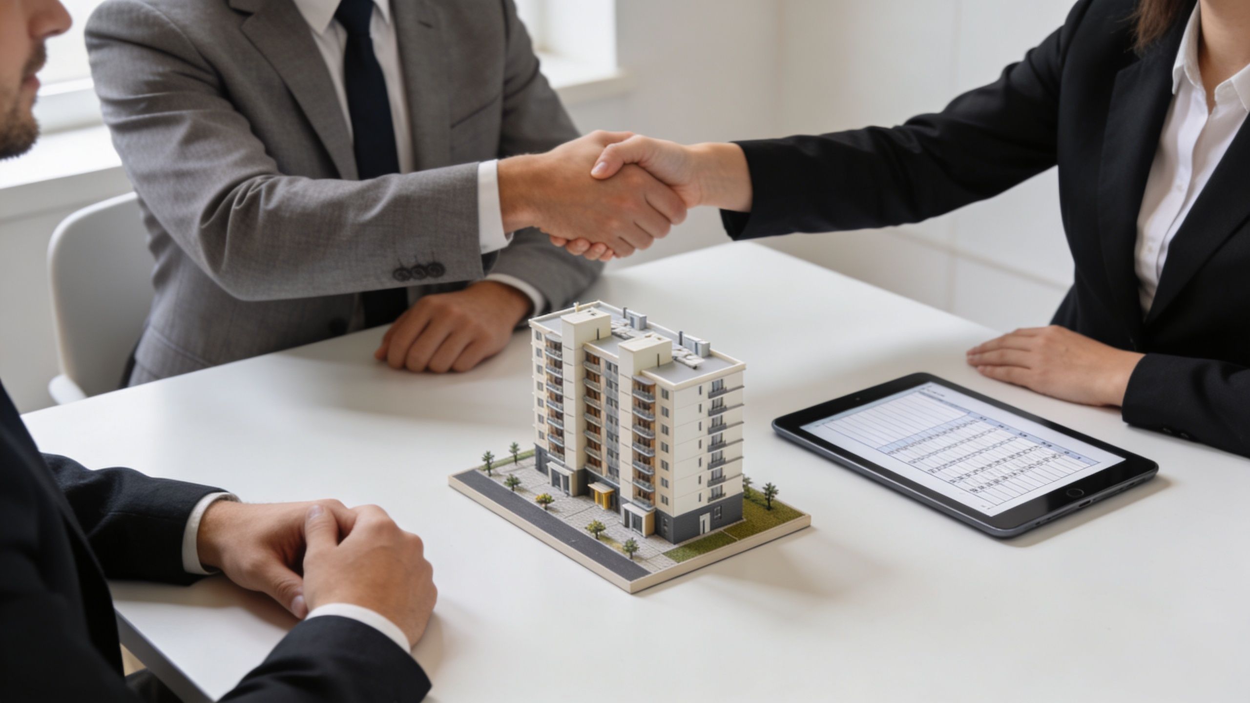A group of business professionals shaking hands over a architectural model of a residential building.