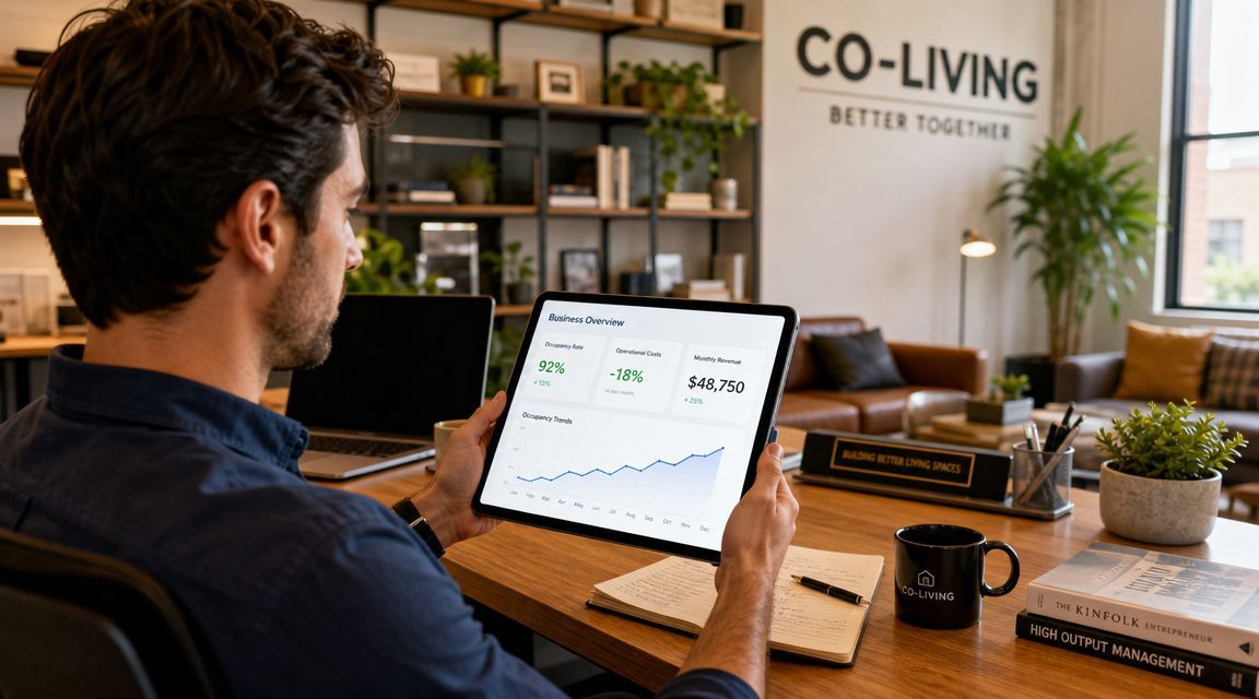 A professional man analyzing business metrics on a tablet screen in a modern co-living workspace office.