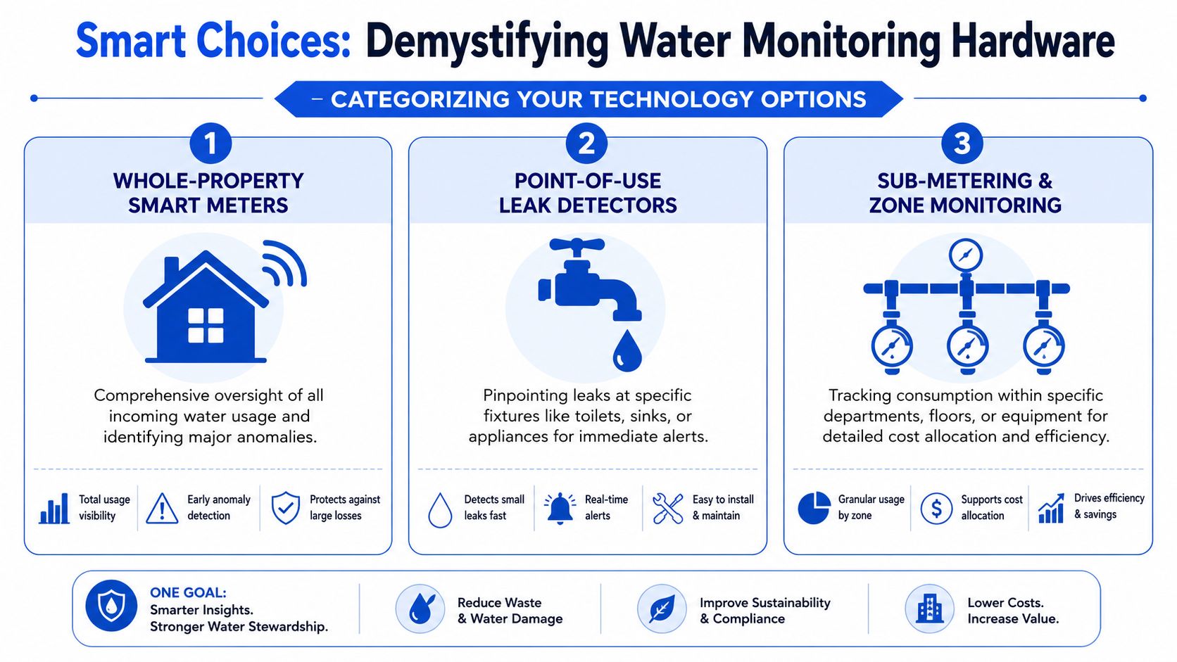 An infographic detailing three types of water monitoring hardware: whole-property smart meters, point-of-use leak detectors, and sub-metering.