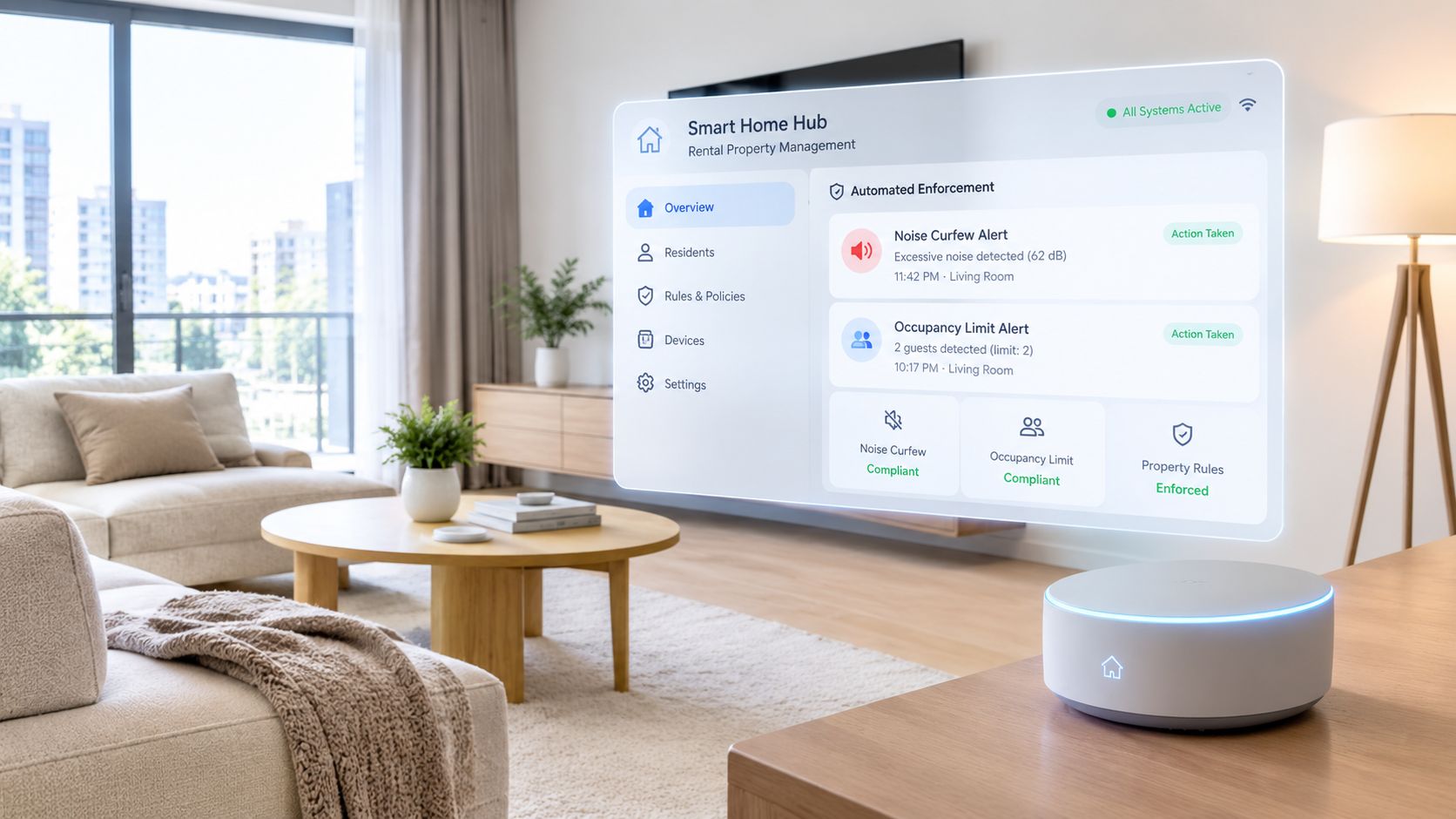 A smart home hub display showing automated enforcement alerts for noise and occupancy in a modern living room.