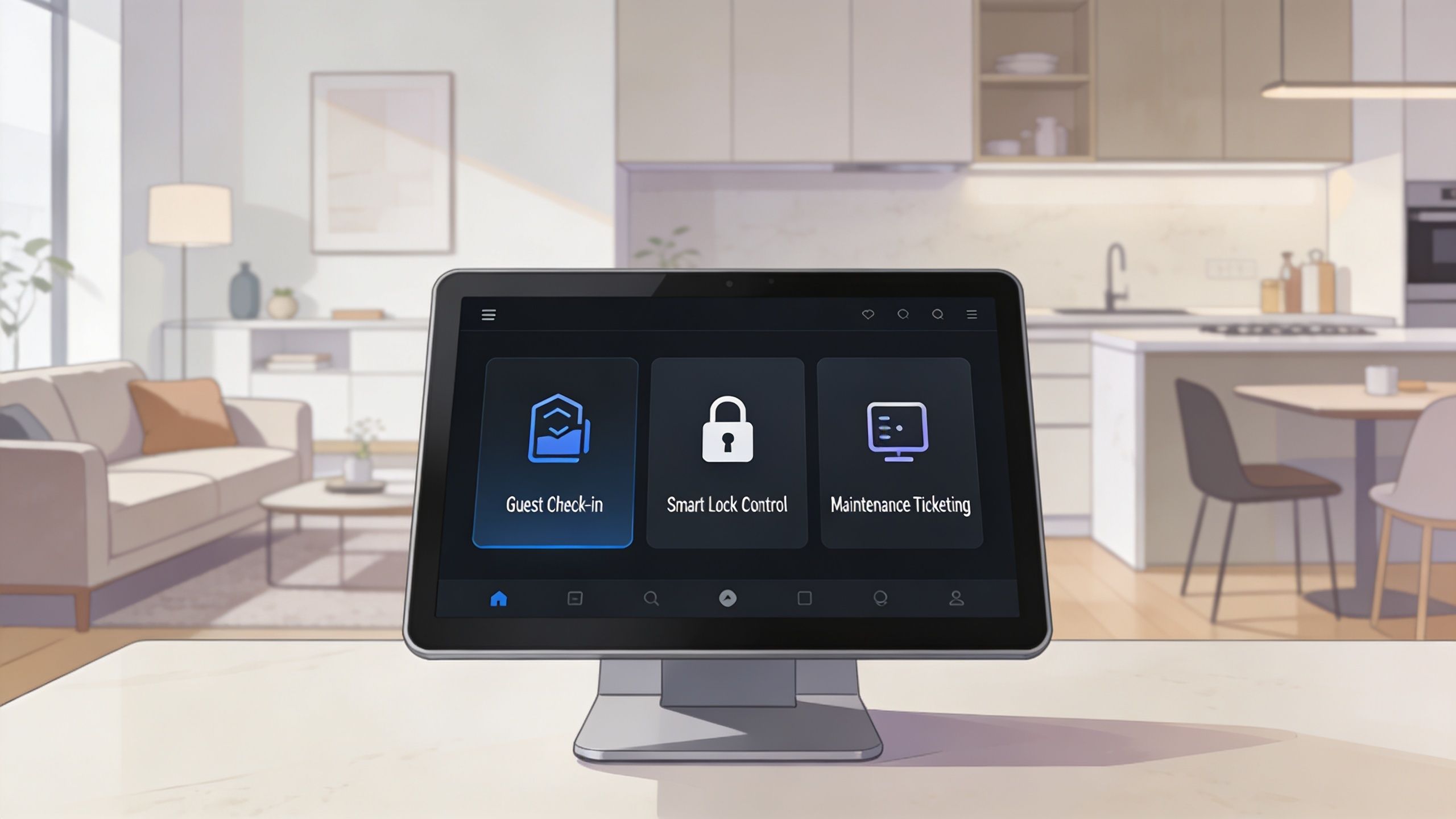 A digital display on a counter features a smart home interface for short-term rental management.