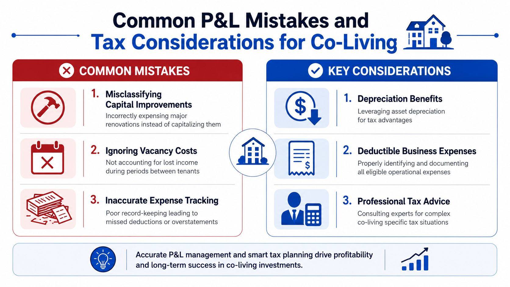 An infographic showing common P&L mistakes and tax considerations for co-living rental property investments.