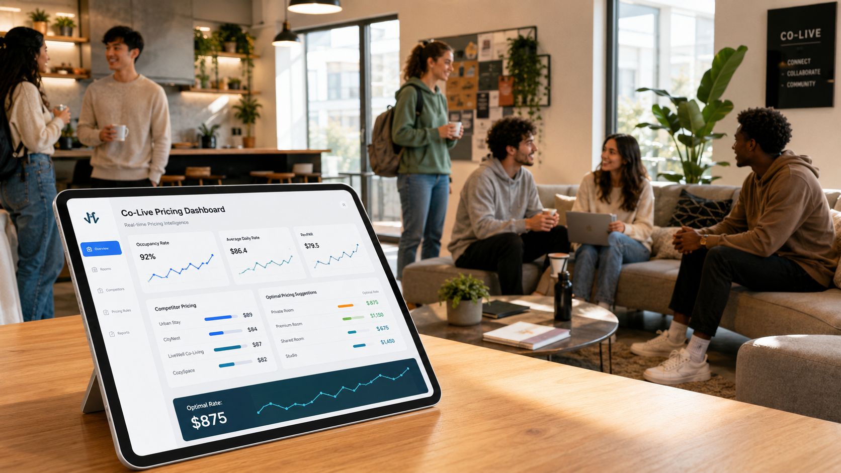 A digital tablet displaying a co-living pricing dashboard in a modern, collaborative shared workspace with young professionals.