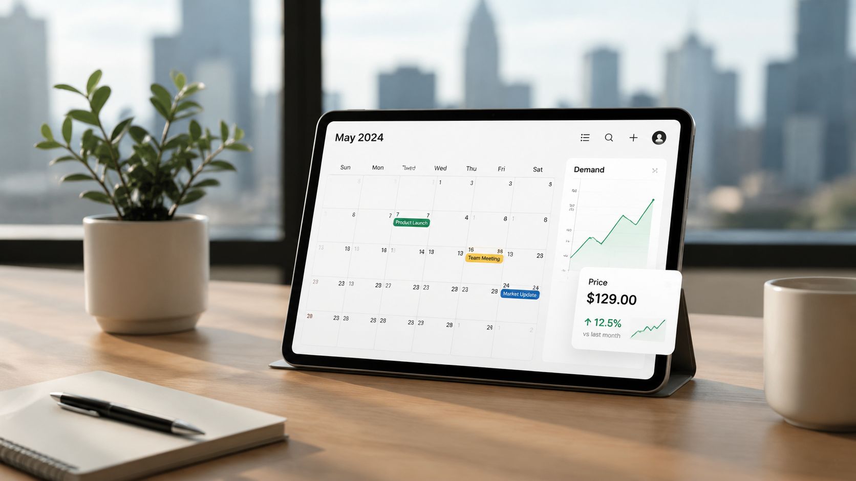 A tablet on a wooden desk displaying a calendar and dynamic pricing charts near a city skyline.