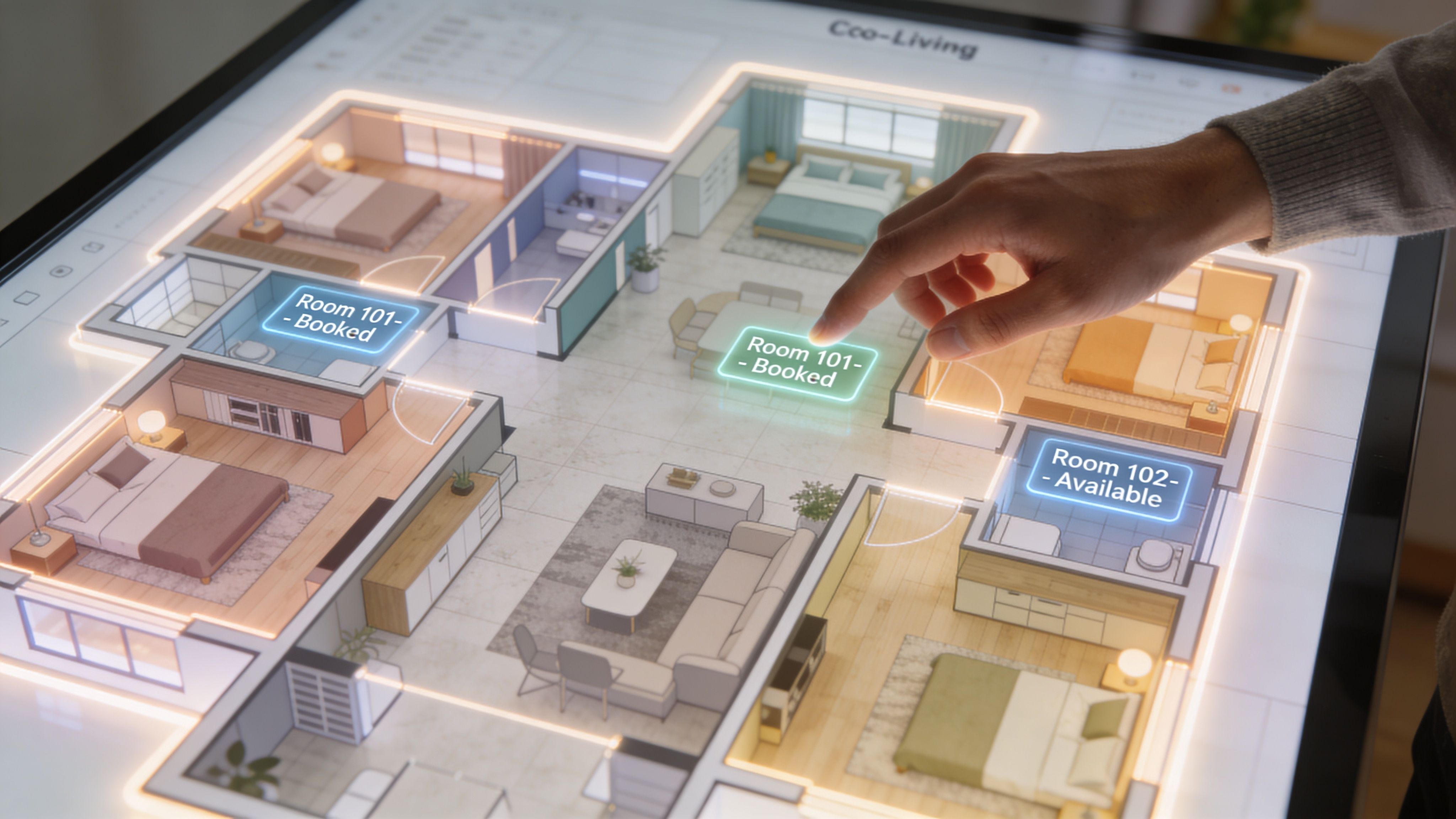 A person using a digital interactive floor plan table to select co-living apartment room availability.