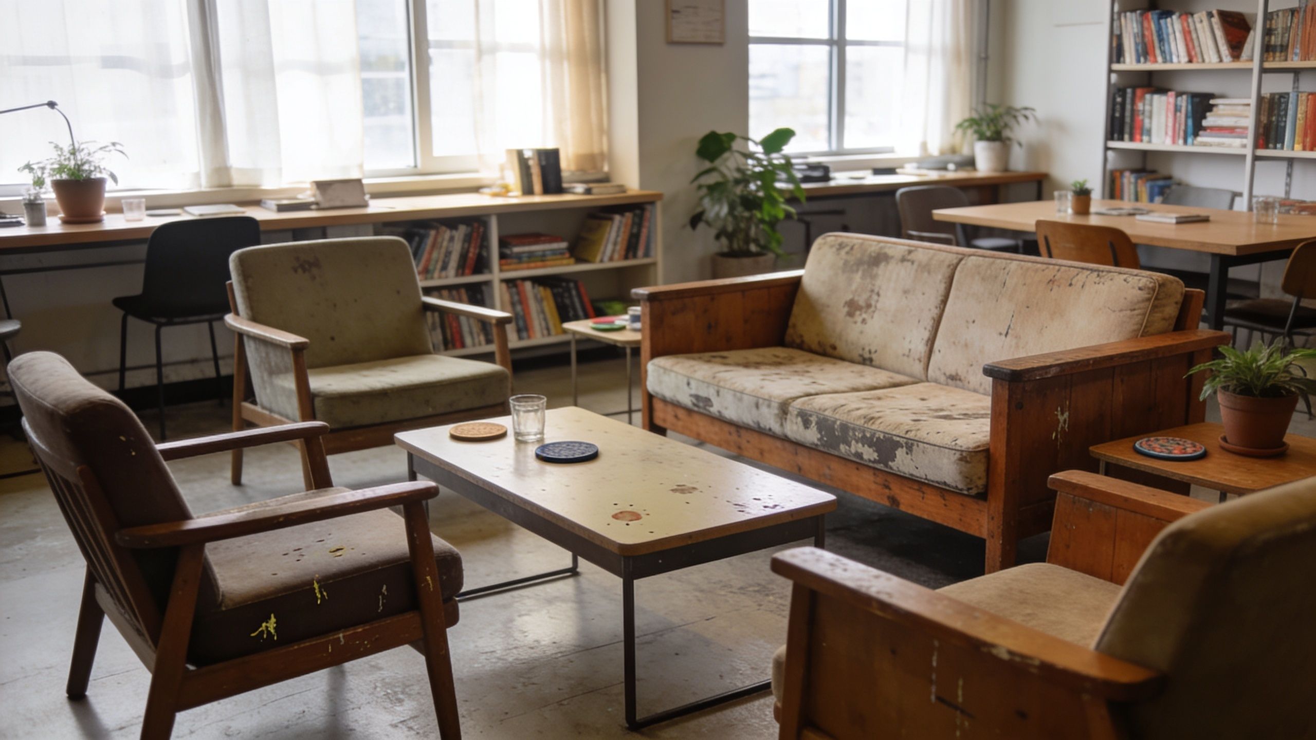 A rustic, vintage-style office lounge area featuring worn wooden furniture, comfortable seating, and shelves filled with books.