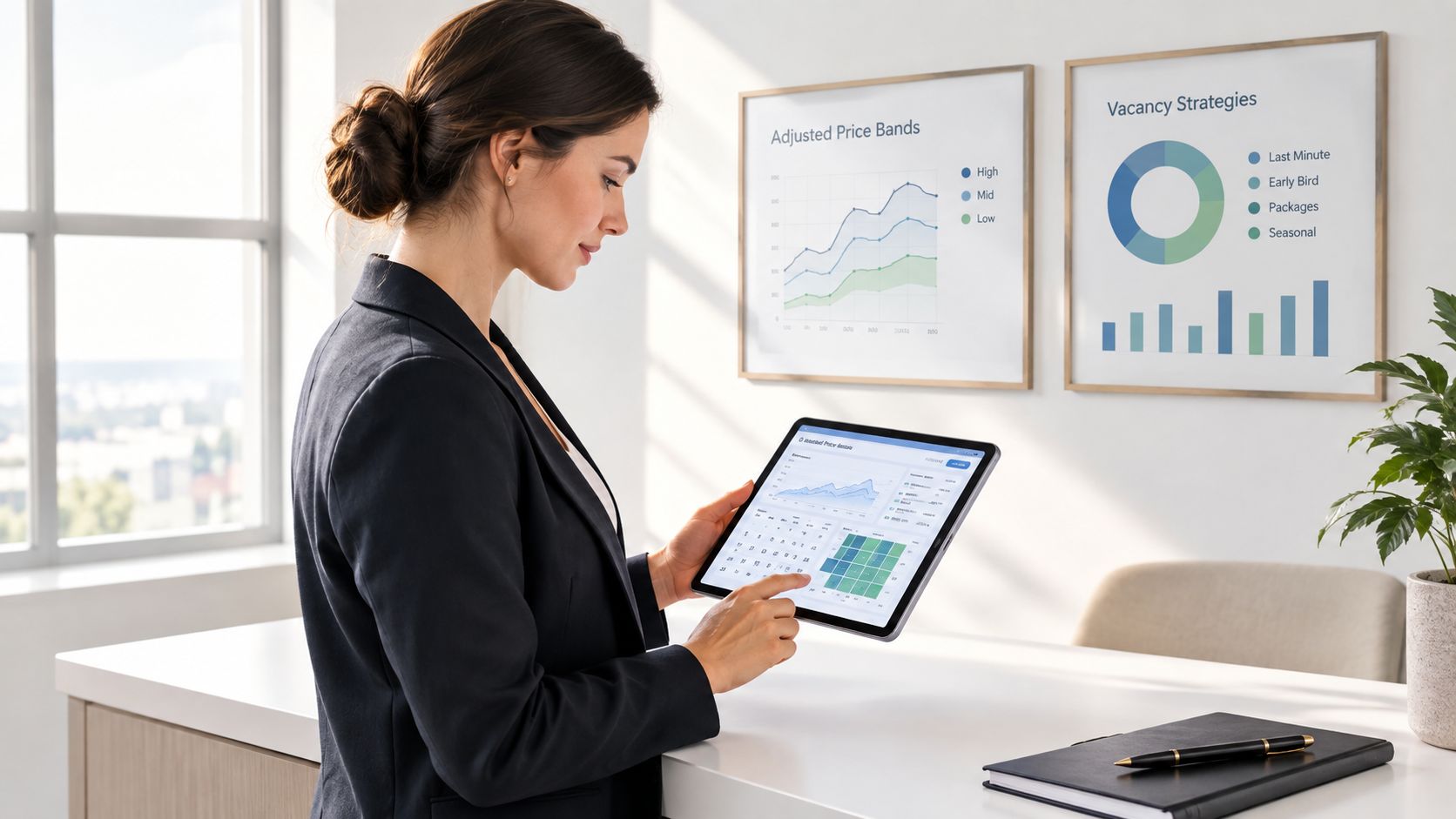 A professional woman in a suit using a digital tablet to review data and business performance metrics.