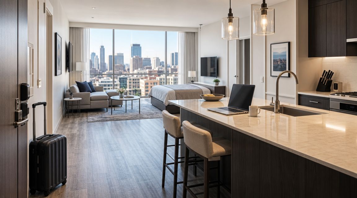 A modern, open-concept studio apartment featuring a bed, a living area, and a kitchen with city views.