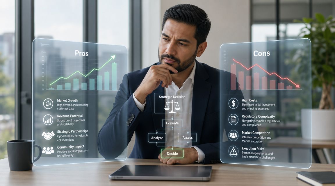 A professional man evaluating pros and cons of a business decision through holographic data visualizations.
