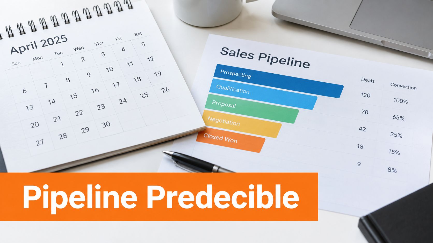 Representación visual de un embudo de ventas con calendario y datos de conversión sobre una mesa.