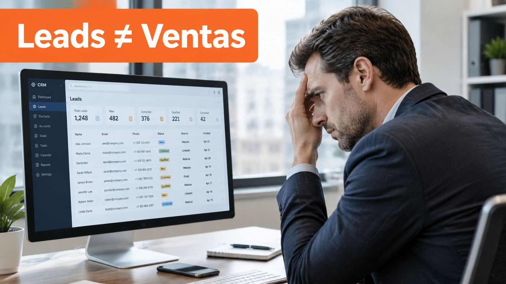 Empresario frustrado observando un panel de control CRM que muestra la diferencia entre leads y ventas.