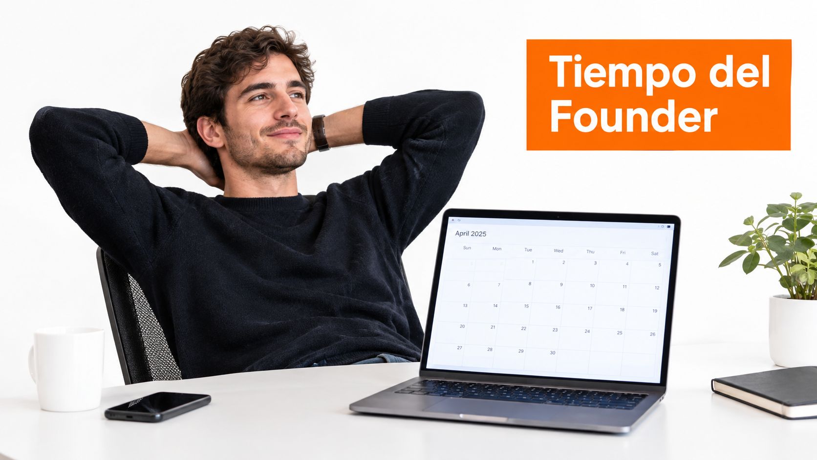 Un emprendedor relajado sentado frente a su portátil mostrando un calendario de abril de 2025.