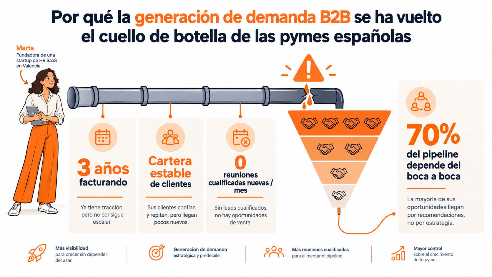 Infografía sobre los desafíos en la generación de demanda B2B para pymes y el crecimiento de startups.