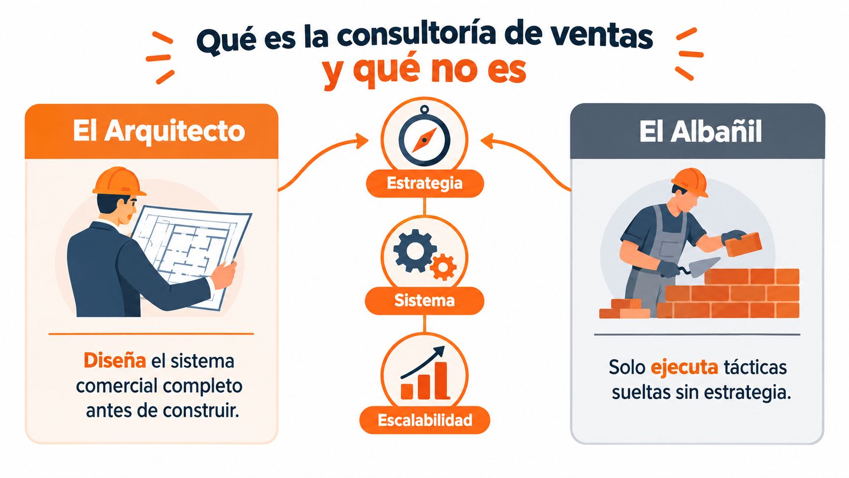 Una ilustración comparativa entre un arquitecto que diseña sistemas y un albañil que ejecuta tácticas de ventas.