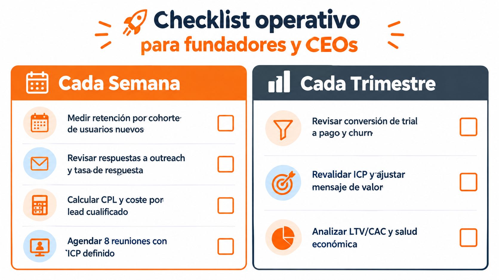 Lista de verificación operativa que describe tareas clave semanales y trimestrales para fundadores y CEOs de empresas.