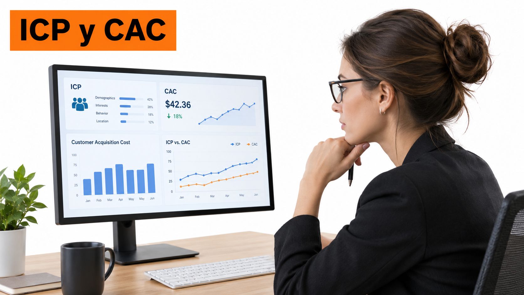 Una mujer de negocios analiza datos de marketing y métricas de clientes en un monitor de computadora.
