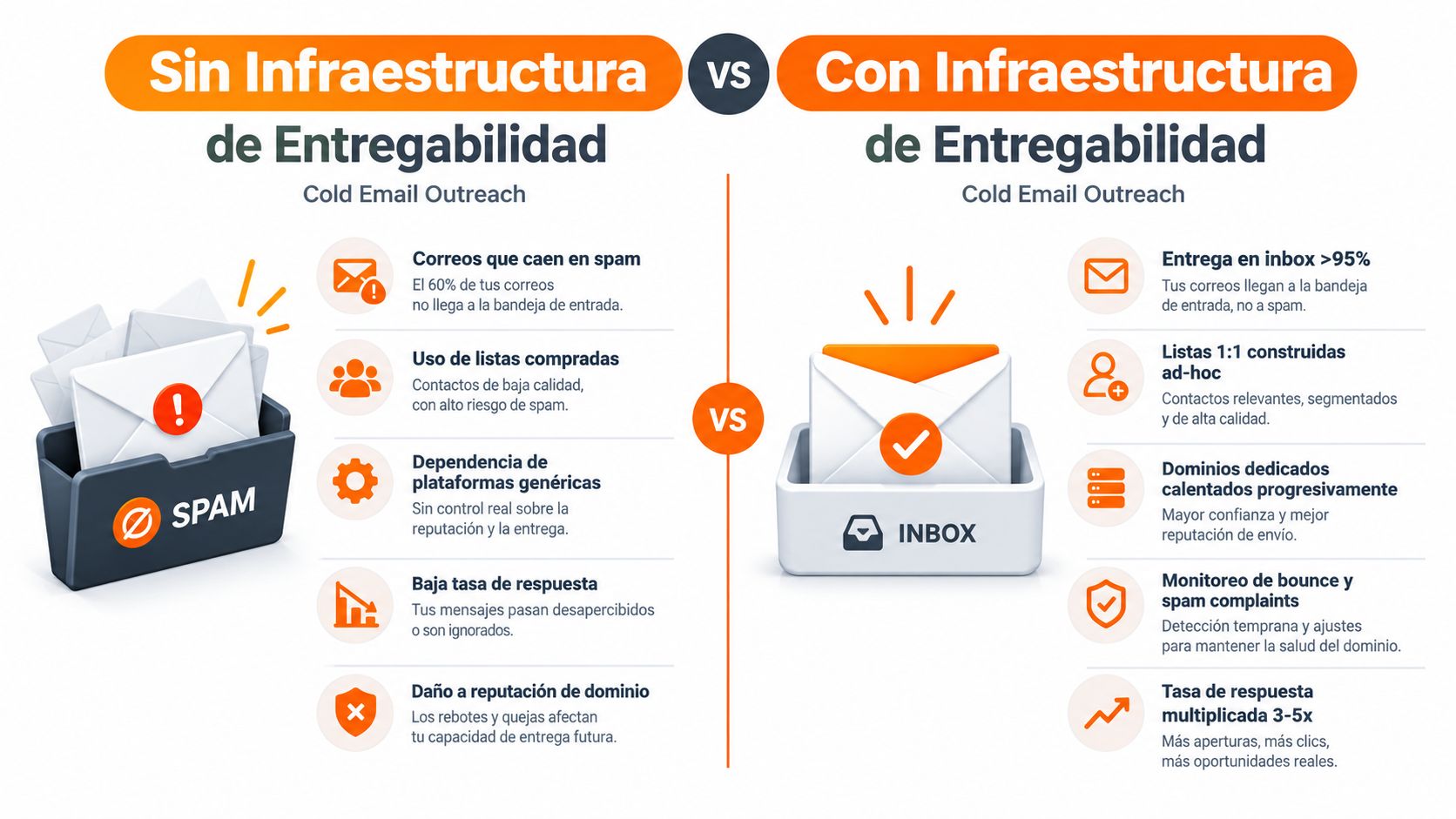 Comparativa de estrategias de Cold Email con y sin infraestructura de entregabilidad profesional para empresas.