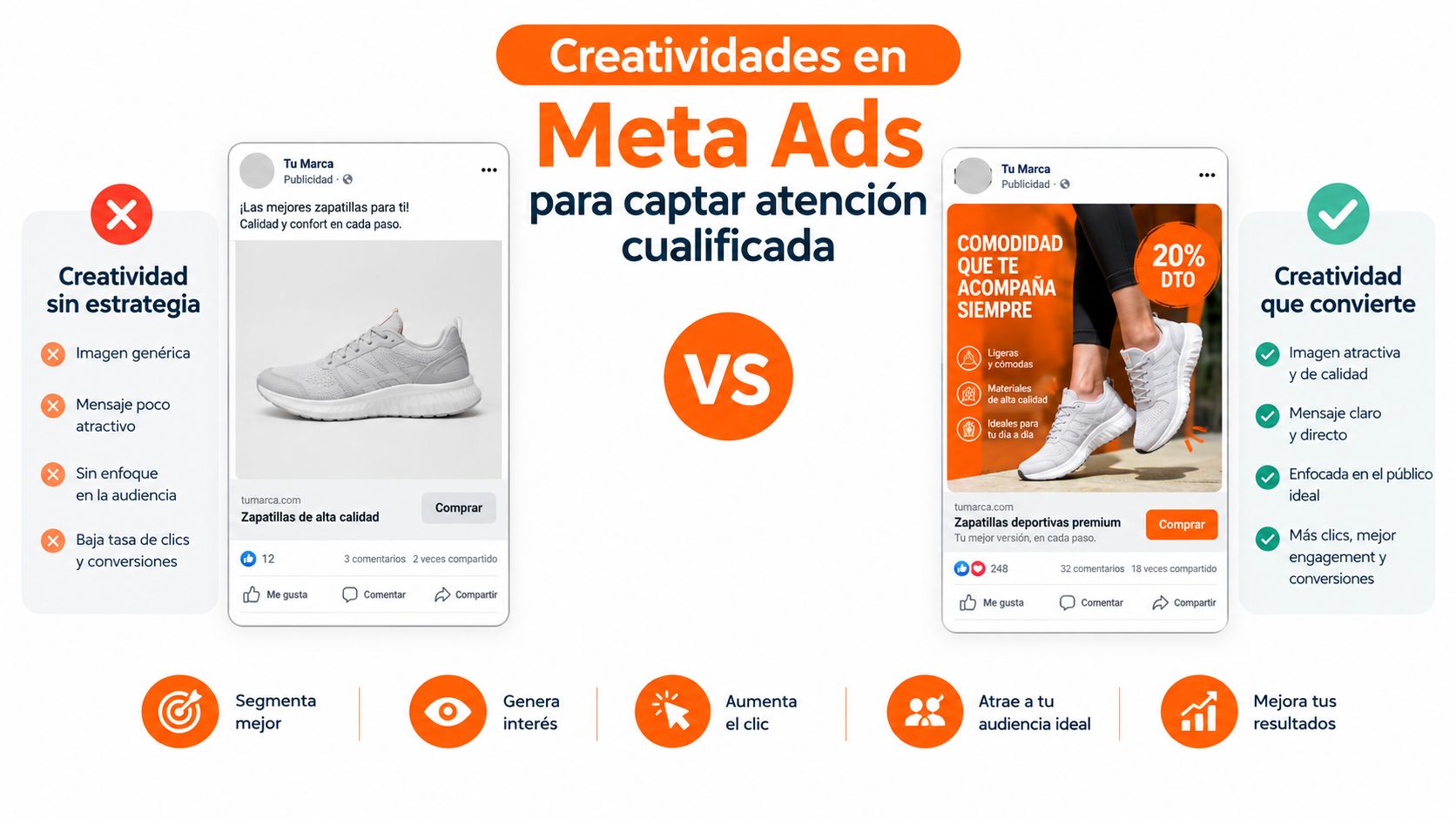 Comparativa entre un anuncio sin estrategia y un anuncio optimizado para Meta Ads enfocada en resultados.