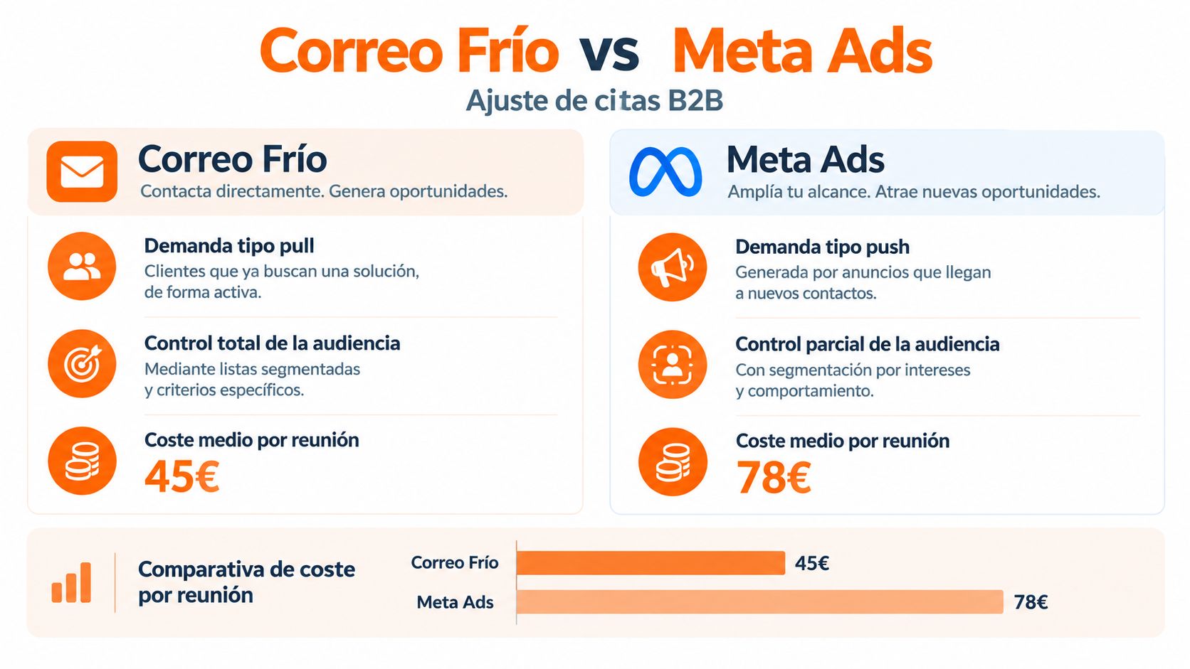 Infografía comparativa sobre la efectividad y costes por reunión entre estrategias de correo frío y Meta Ads.